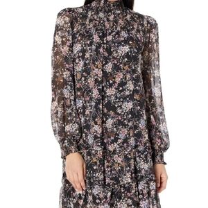 CECE NWT SMOKED NECK FLORAL LONG SLEEVES KNEE HIGH DRESS SIZE MEDIUM